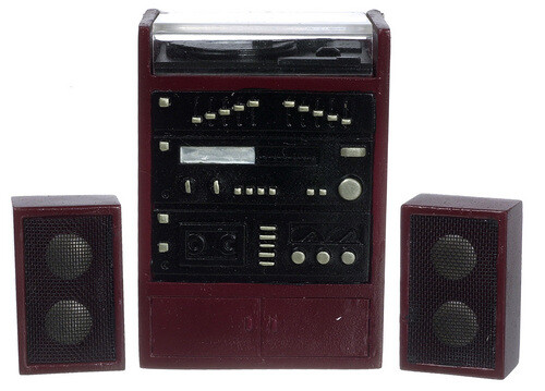Dollhouse Miniature Stereo with Speakers in Mahogany