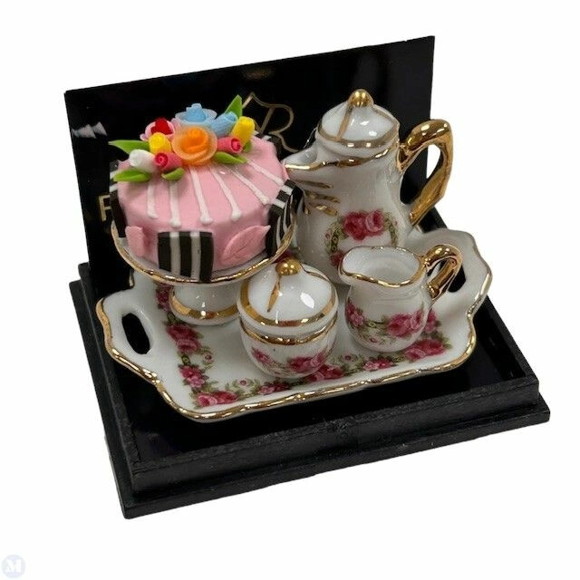 Dollhouse Miniature Reutter Porcelain Coffee Tray with Rose Cake in Rose Design