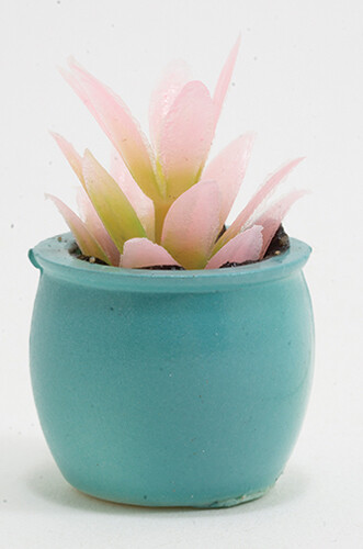 Dollhouse Miniature Pink Plant  in Turquoise Pot