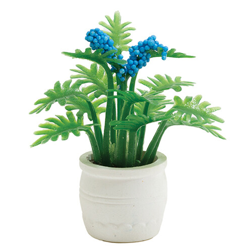 Dollhouse Miniature Plant with Blue Flowers in White Pot