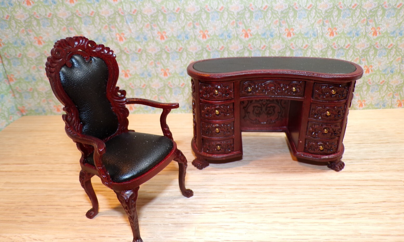 Dollhouse Miniature Mahogany Kidney Desk, Leather Top, and Chair by Hansson