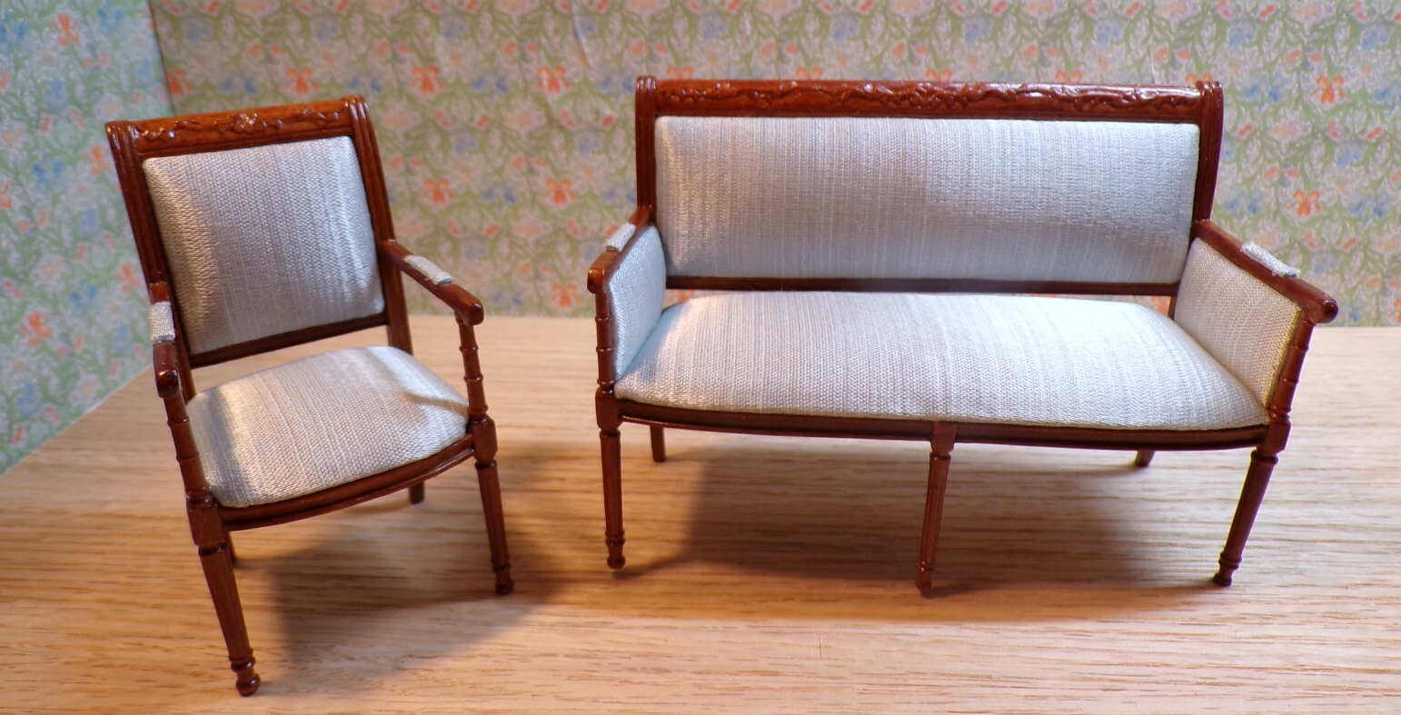 Dollhouse Miniature Walnut Living Room Set of 2 with Blue Upholstery by Hansson