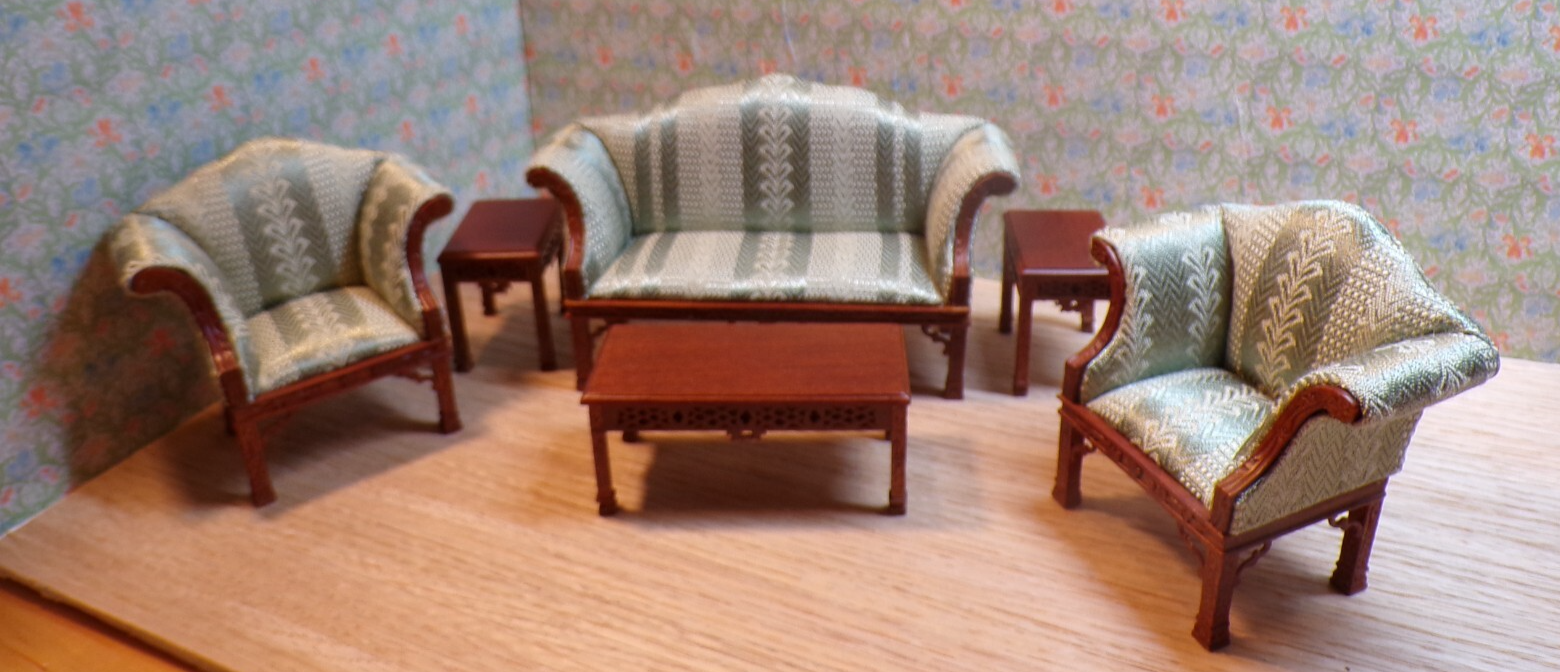 Dollhouse Miniature Walnut Living Room Set of  with Green Upholstery by Hansson