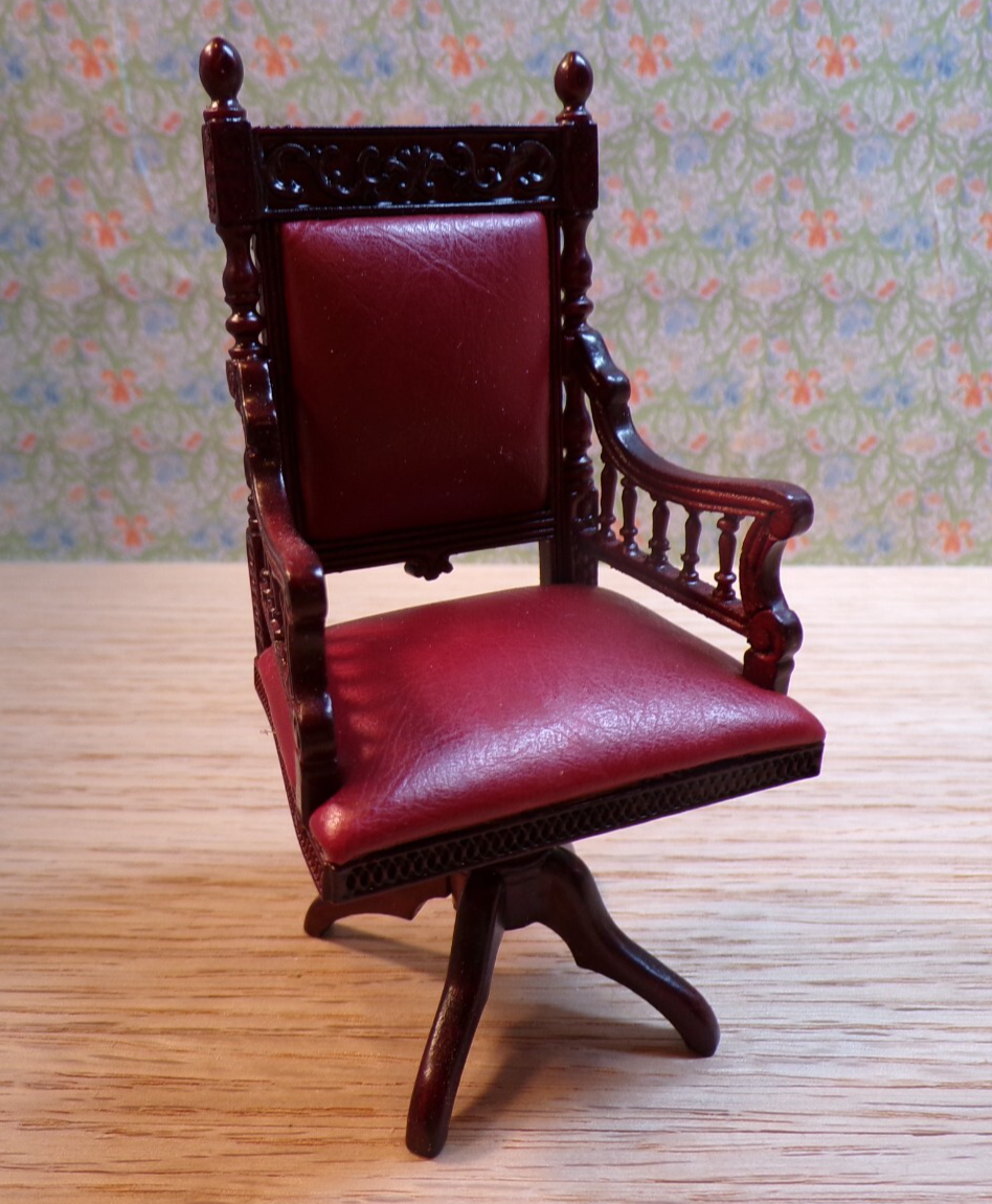 Miniature Dollhouse Red Leather Desk Chair in Mahogany by Bespaq
