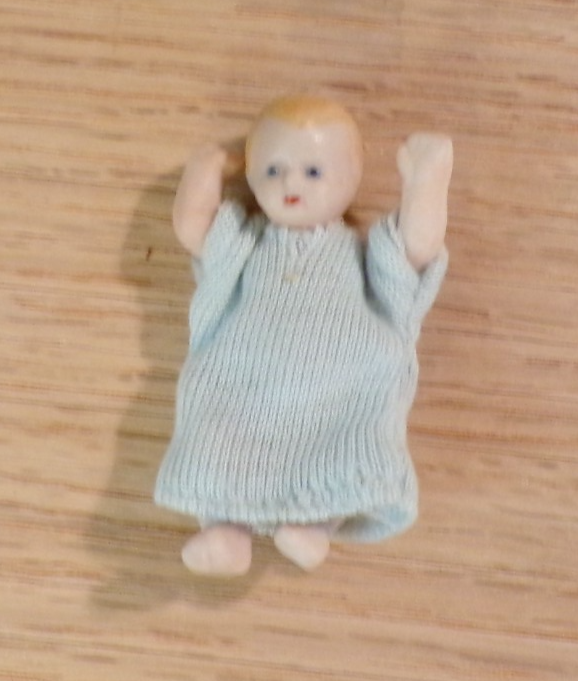 Dollhouse Miniature Baby Doll in Blue Dress 1/12 Scale