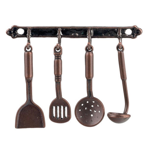 Dollhouse Miniature Aged Bronze Kitchen Rack with Utensils