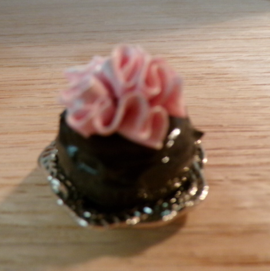 Dollhouse Miniature Chocolate Cake with Strawberry Rose - Handcrafted