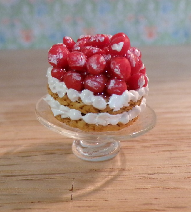 Dollhouse Miniature Strawberry Shortcake on Glass Tray - Handcrafted