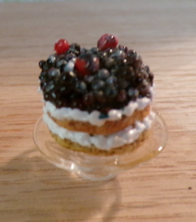 Dollhouse Miniature Mixed Berry Cake on Glass Tray - Handcrafted