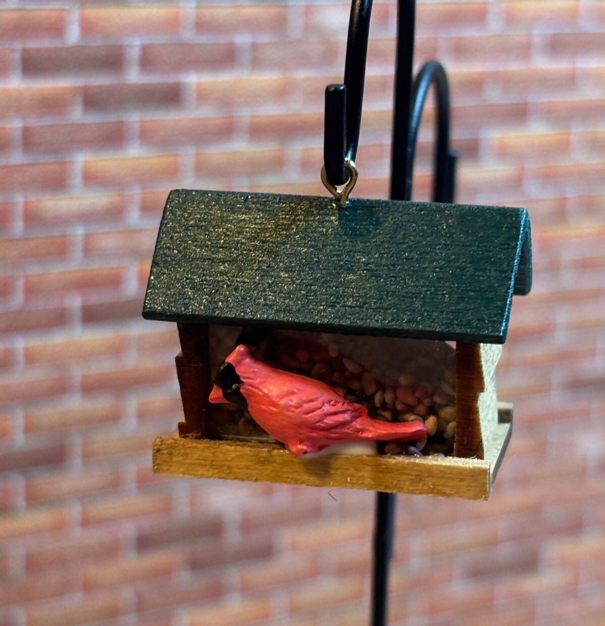 Dollhouse Miniature Green Birdfeeder with Cardinal - Handcrafted