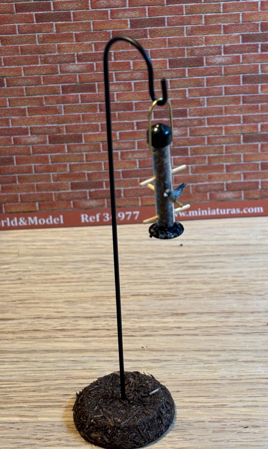 Dollhouse Miniature Black Birdfeeder with Bird on Shepherd's Hook - Handcrafted