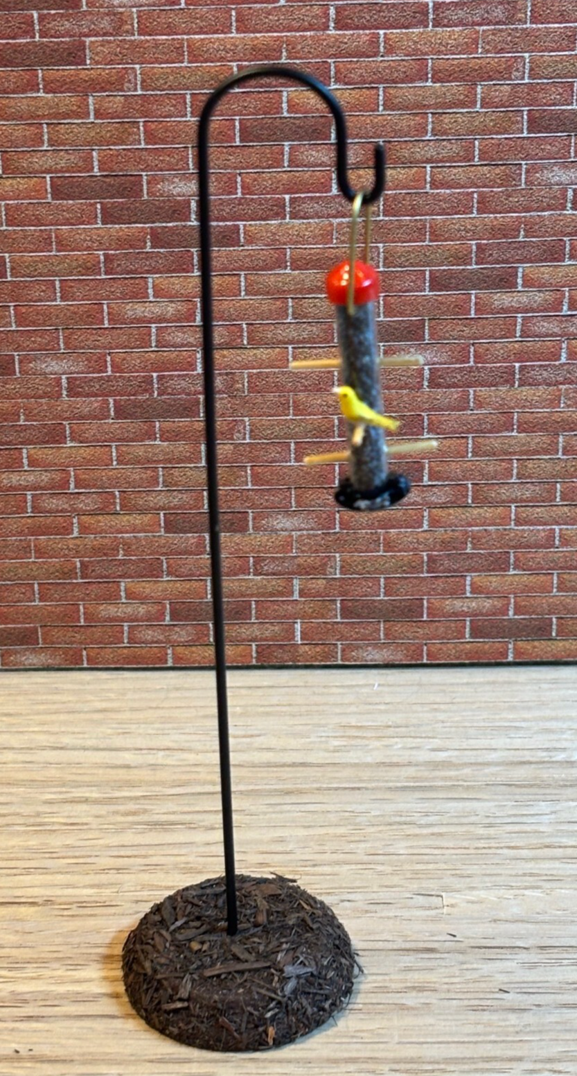 Dollhouse Miniature Birdfeeder with Yellow Bird on Shepherd's Hook - Handcrafted