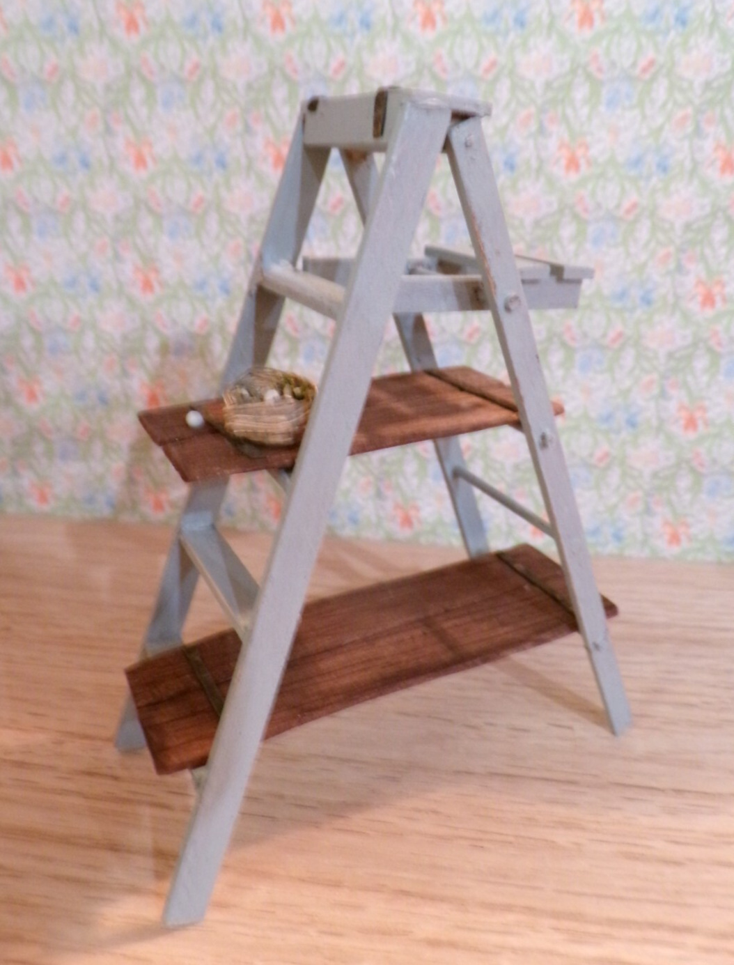 Dollhouse Miniature Wooden Ladder with Shelves and Bird's Nest,  Handcrafted