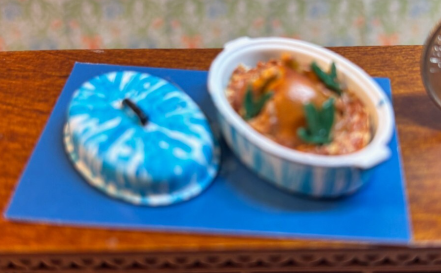 Dollhouse Miniature Chicken and Dressing in Flow Blue Roaster, Handcrafted