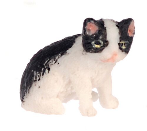 Dollhouse Miniature Black/White Kitten, Sitting