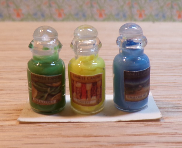 Dollhouse Miniature Set of Yankee Candles - Green, Yellow, Blue