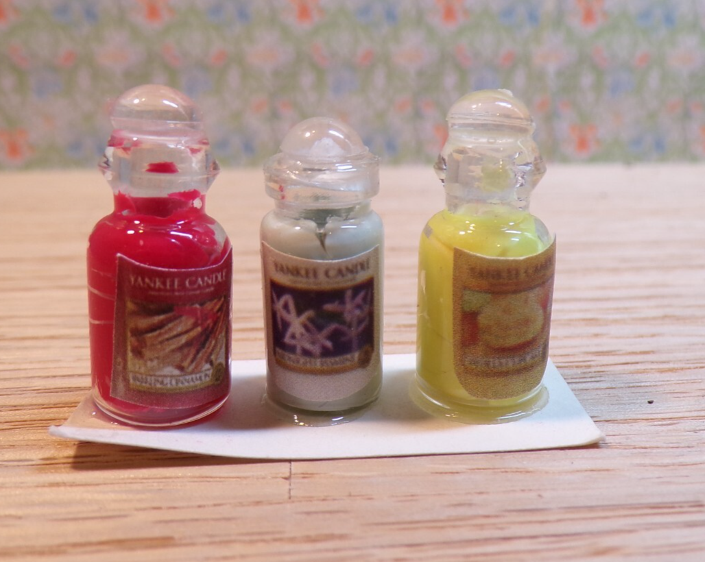 Dollhouse Miniature Set of Yankee Candles - Red, White, Yellow