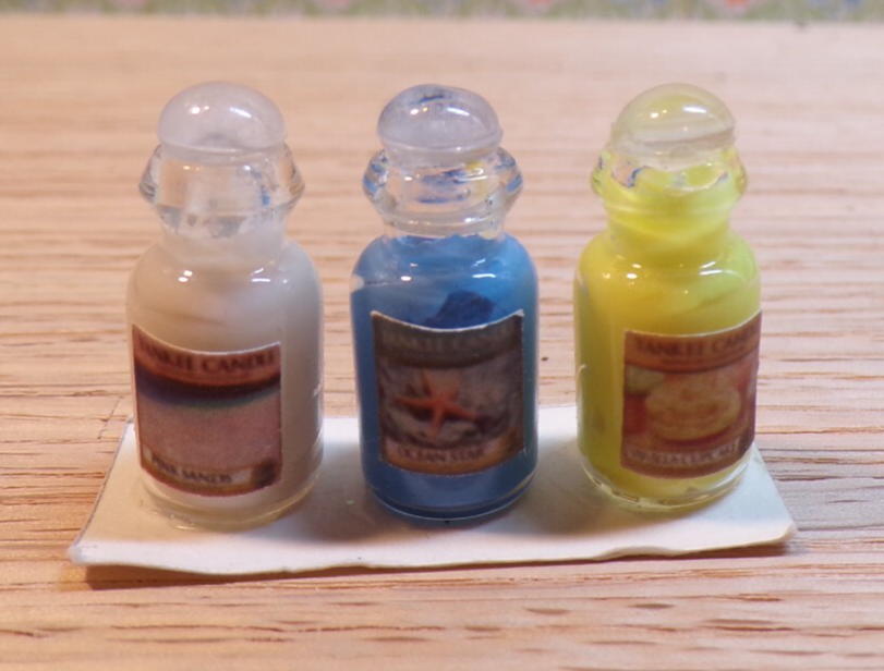 Dollhouse Miniature Set of Yankee Candles - White, Yellow, Blue