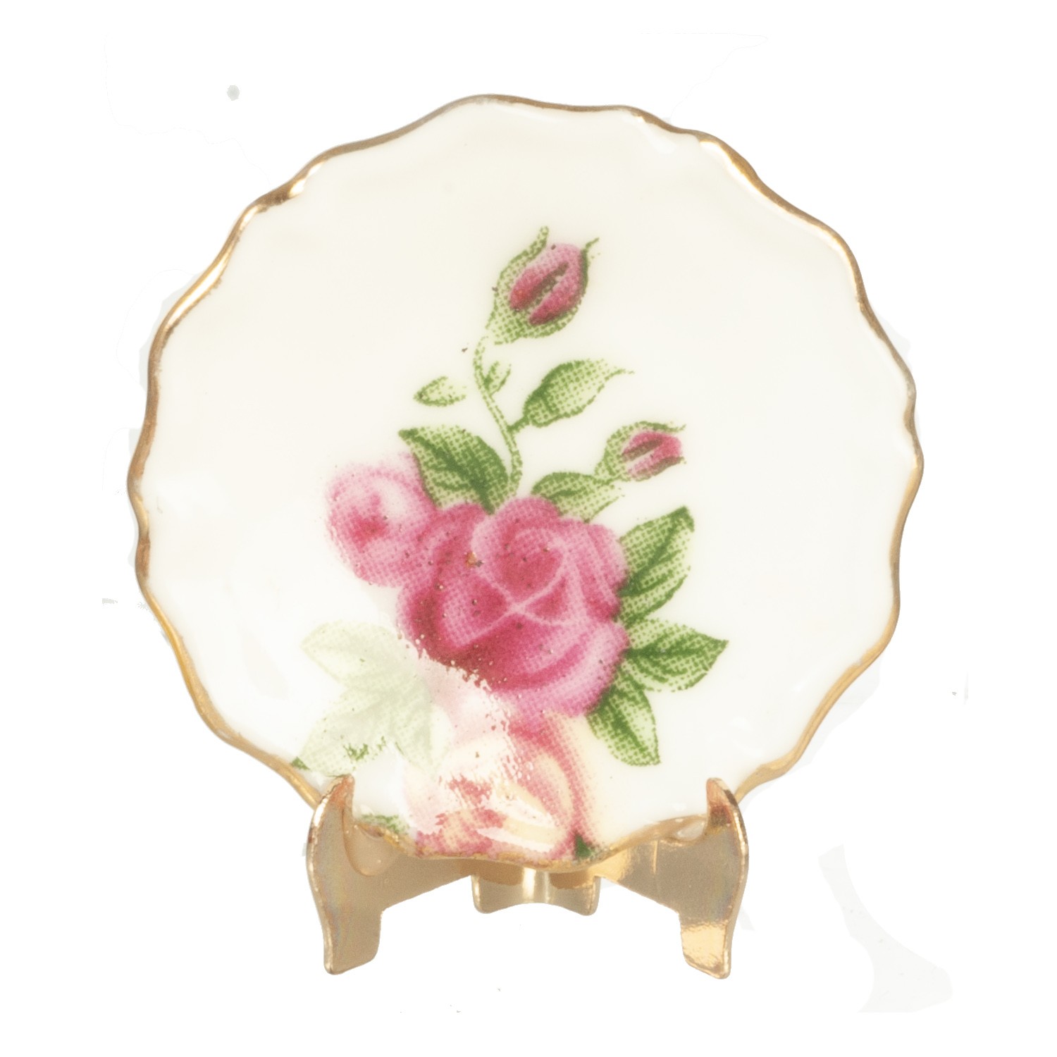 Dollhouse Miniature Decorative Plate with Roses and Plate Holder
