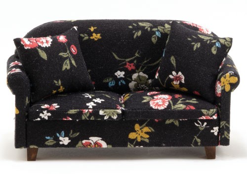 Dollhouse Miniature Sofa with Pillows, Black Floral - New Design