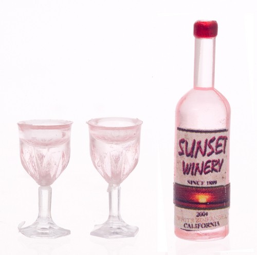 Dollhouse Miniature Rose Wine with 2 Goblets