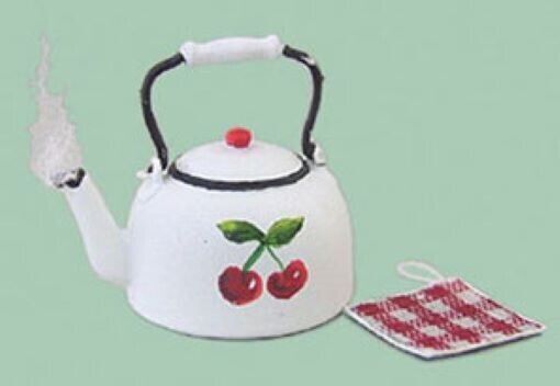 Dollhouse Miniature Teakettle with Cherries, with Potholder