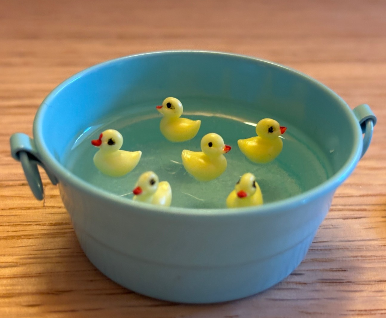 Dollhouse Miniature Ducklings in Blue Tub - Handcrafted