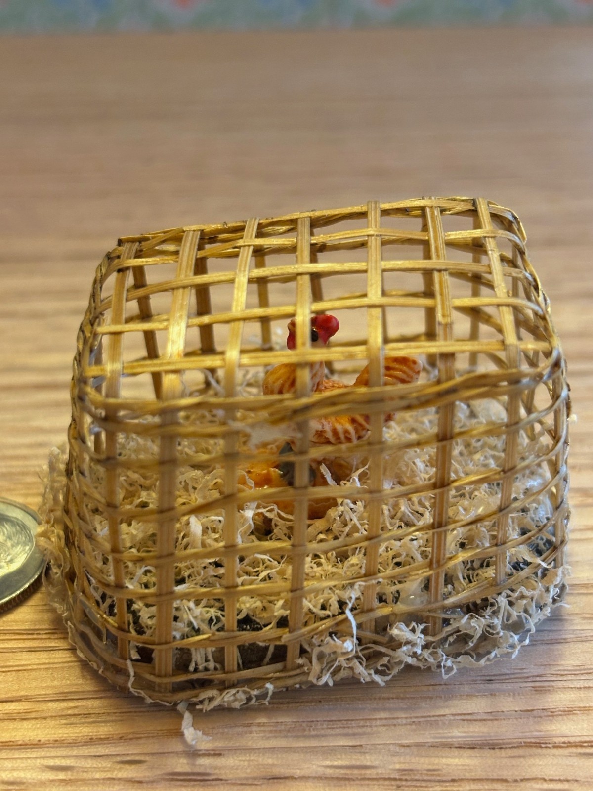 Dollhouse Miniature Wicker Cage with Chicken