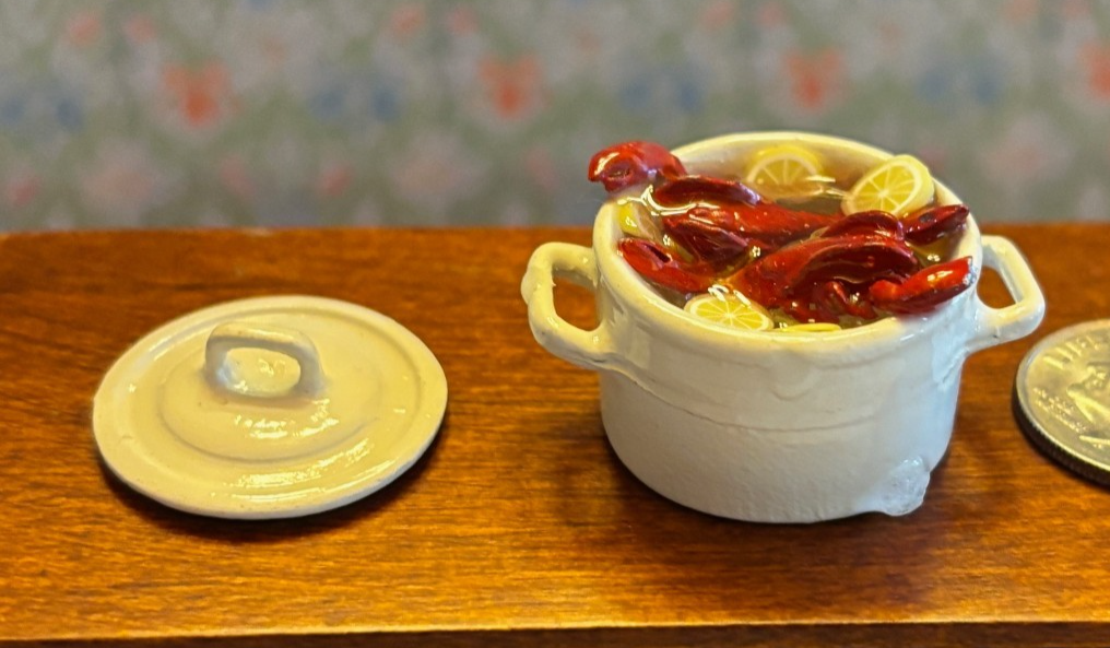 Dollhouse Miniature Lobsters Boiling in Pot