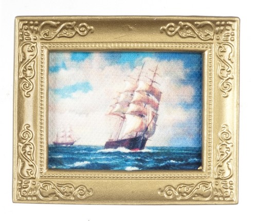 Dollhouse Miniature Sailing Ship in Gold Frame