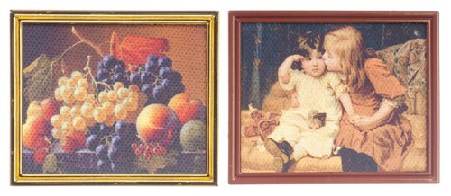 Dollhouse Miniature Monet Pictures Set of 2 - Children, Fruit - in Metal Frame