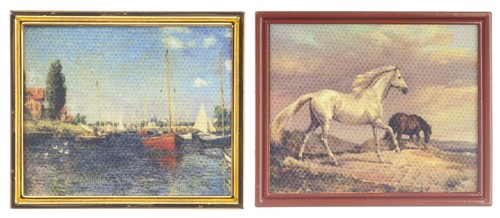 Dollhouse Miniature Monet Pictures Set of 2 - Horses, Boat in Metal Frame