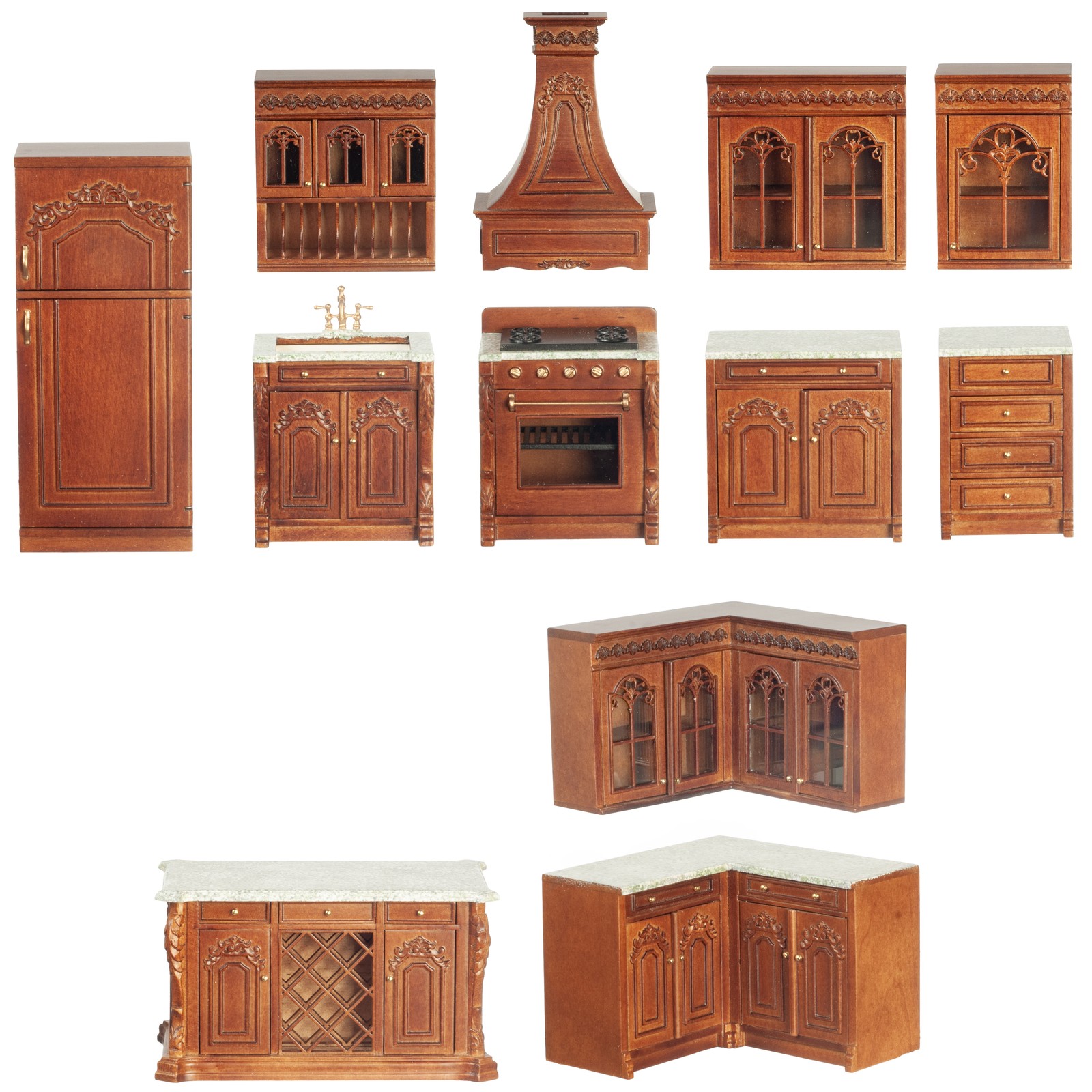 NEW! JBM Fine Miniature Deluxe Kitchen Set in Walnut for Dollhouse