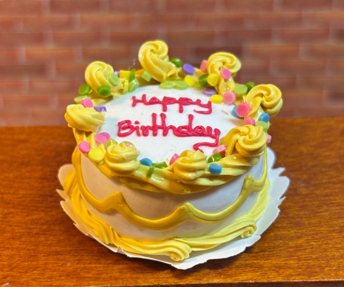 Dollhouse Miniature Happy Birthday Cake - Yellow