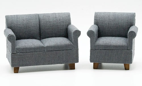 Dollhouse Miniature Loveseat and Armchair, Dark Gray