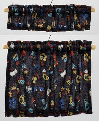 Dollhouse Miniature Cottage Curtains, Black Country Kitchen