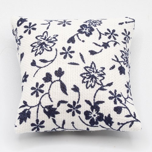 Dollhouse Miniature Pillow: White with Blue Vines and Flowers