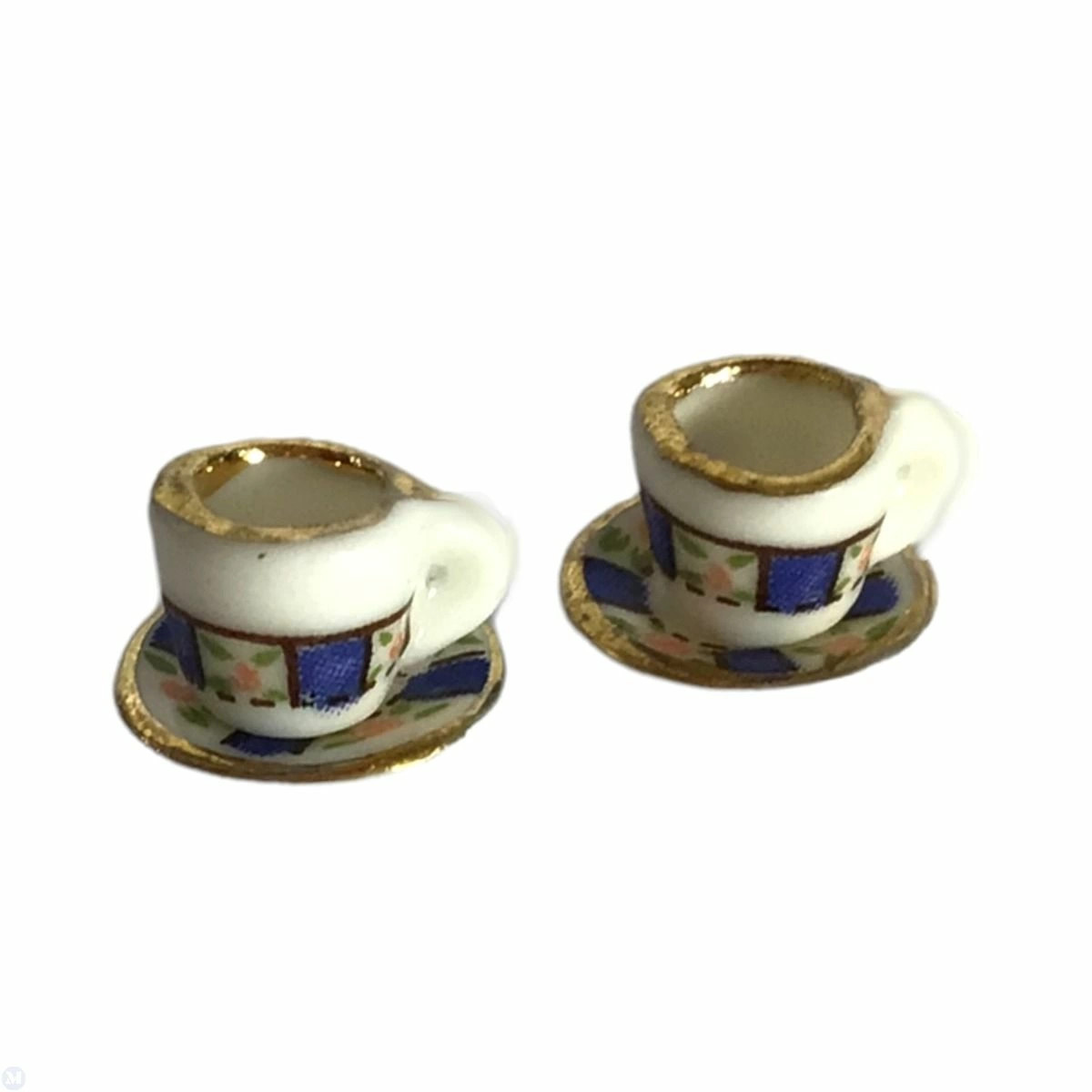 Dollhouse Miniature Pair of Blue and White Cups and Saucers