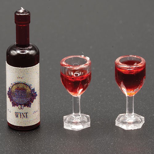 Dollhouse Miniature Wine Bottle with 2 Glasses of Wine