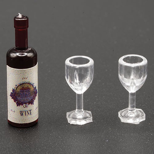 Dollhouse Miniature Wine Bottle with 2 Empty Wine Glasses