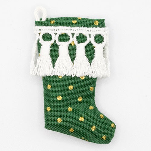 Dollhouse Miniature Christmas Stocking, Green with Gold Dots