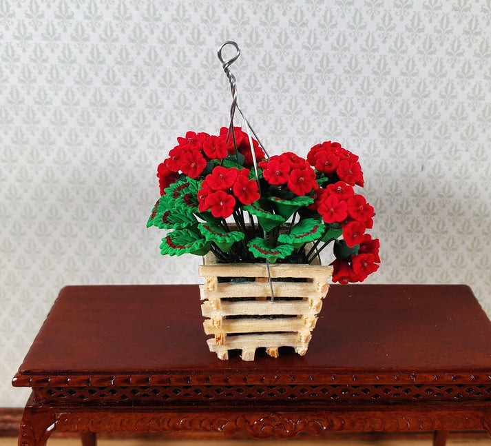 Dollhouse Red Geranium in Wood Hanging Planter Miniature 1:12 Scale