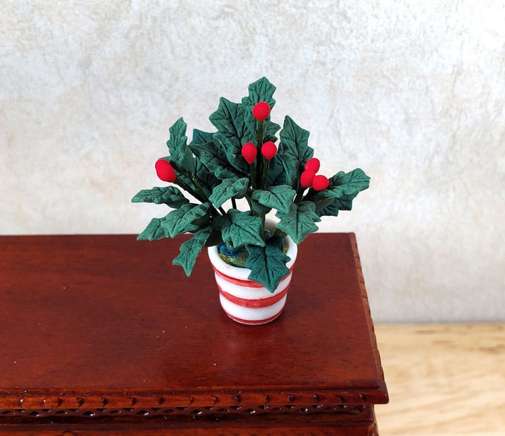 Dollhouse Holly Plant with Berries in a White & Red Pot 1:12 Scale Miniature