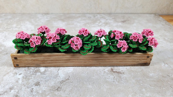 Dollhouse Pink Geraniums in 5.5" Wooden Window Box Miniature 1:12 Scale