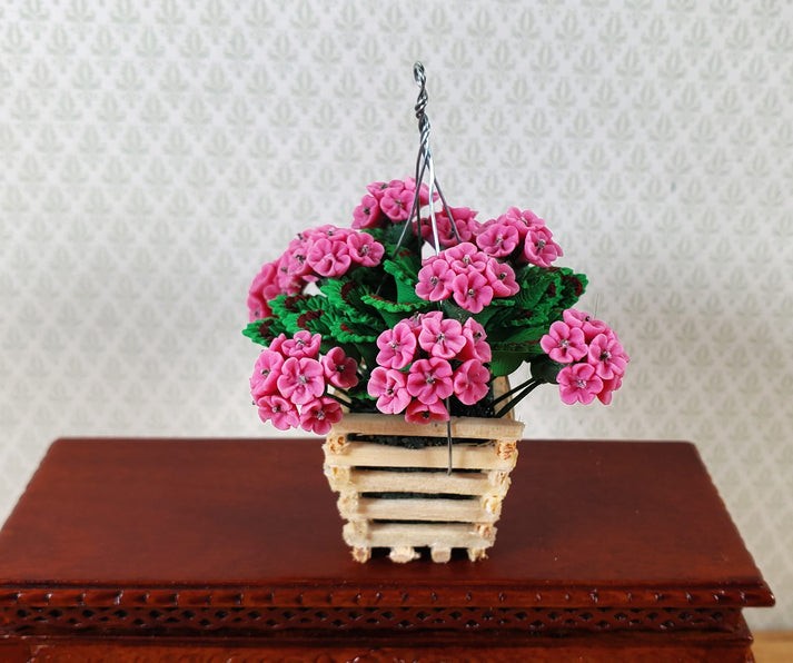 Dollhouse Pink Geranium in Wood Hanging Planter Miniature 1:12 Scale