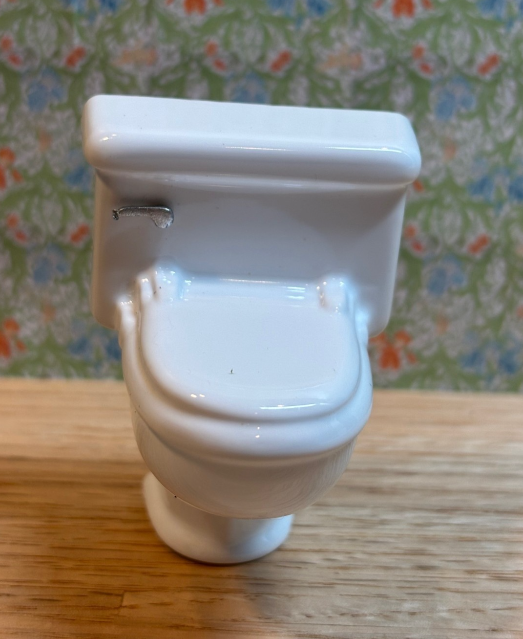 Dollhouse Miniature White Toilet with Silver Handle