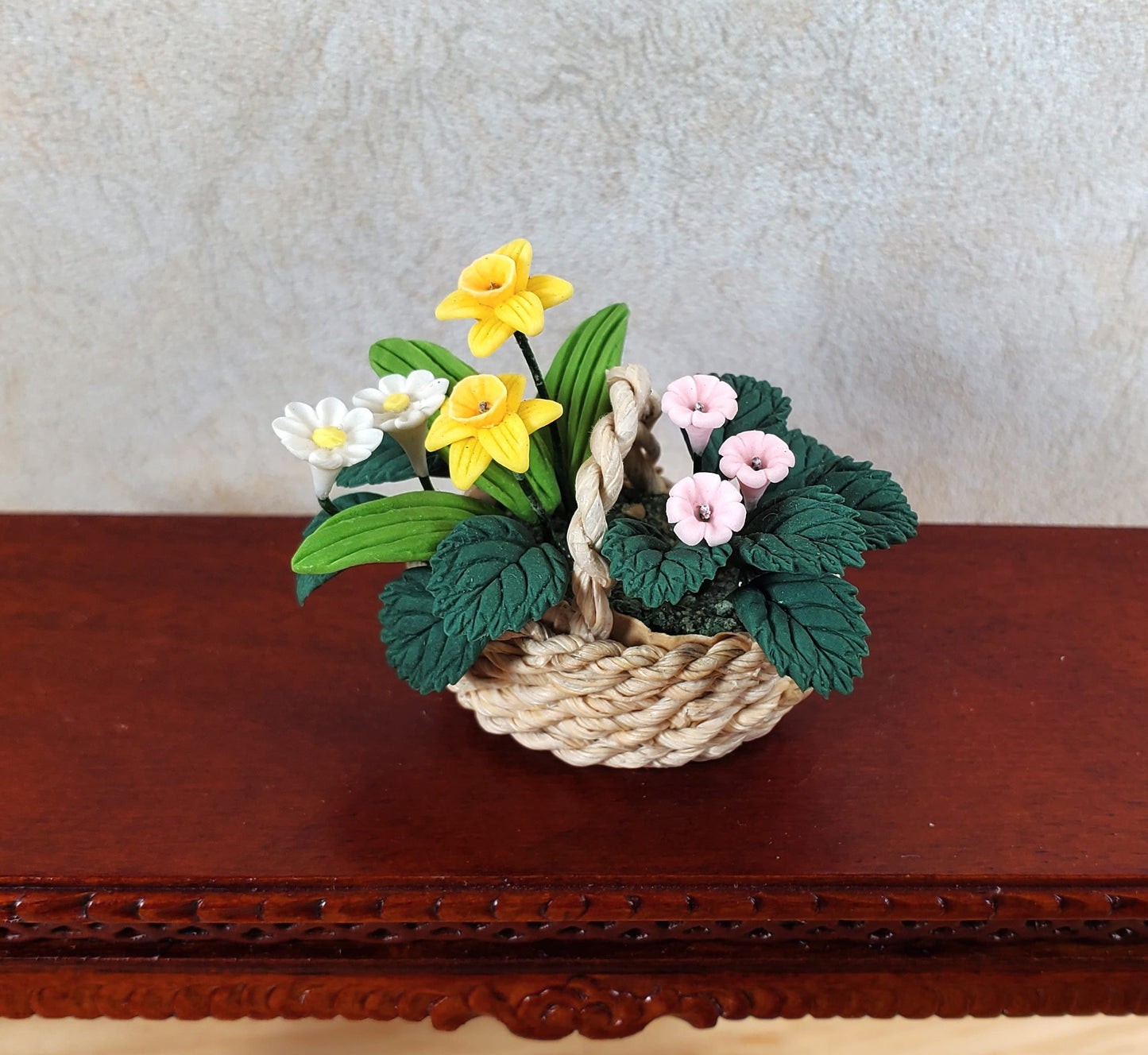Dollhouse Miniature Assorted Spring Flowers in Natural Fiber Basket