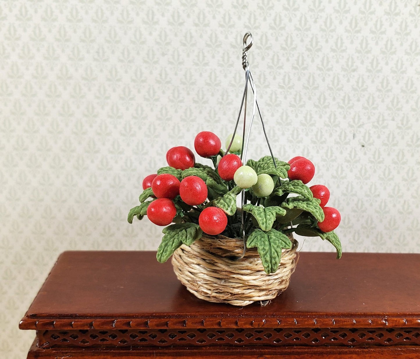 Dollhouse Miniature Tomato Plant in Natural Fiber Hanging Basket