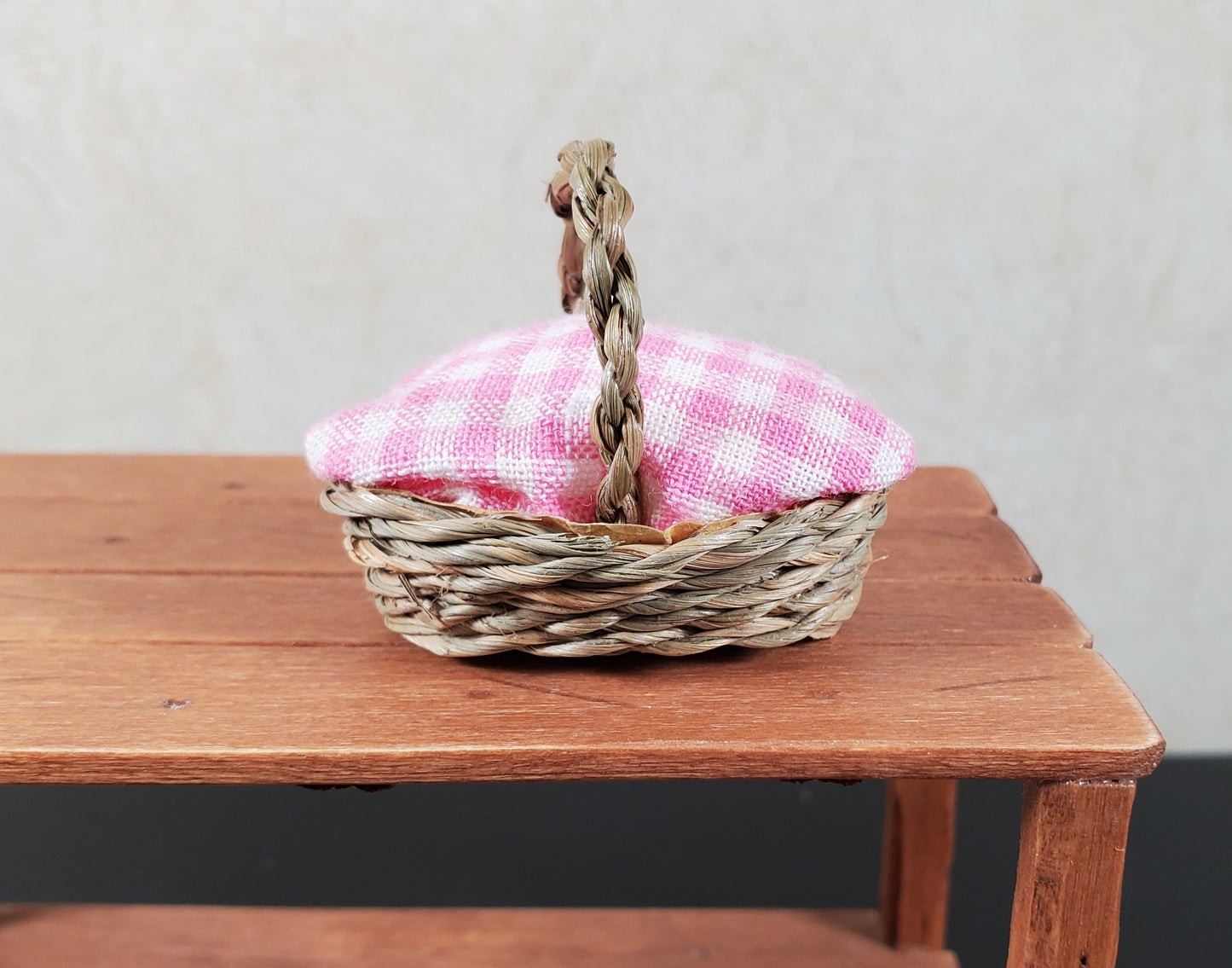 Dollhouse Miniature Picnic Basket with Pink and White Gingham Cover