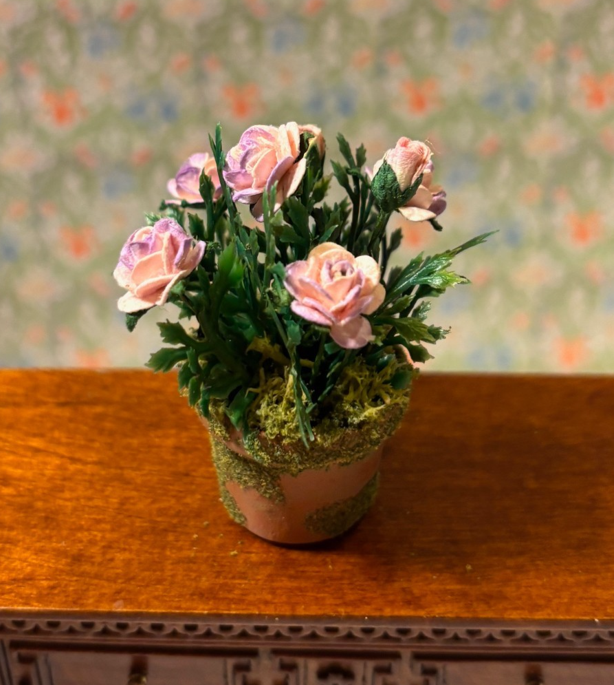 Dollhouse Miniature Light Pink-Purple Potted Rose Handcrafted